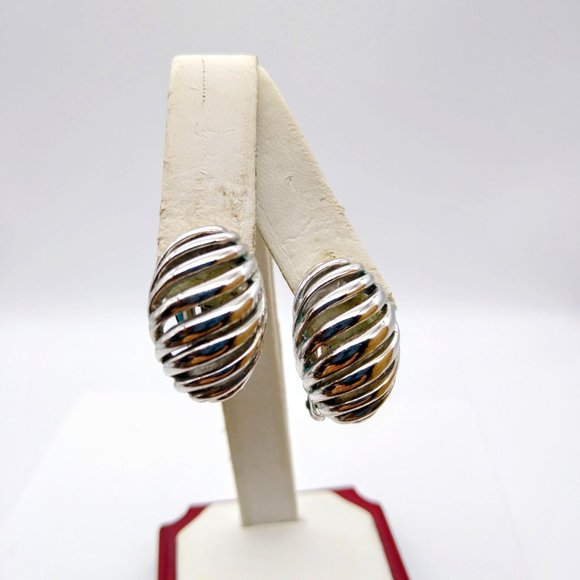 Pierced Half Hoop Earrings, Silver Tone Oval Clip On Chic Vintage - Picture 2 of 6